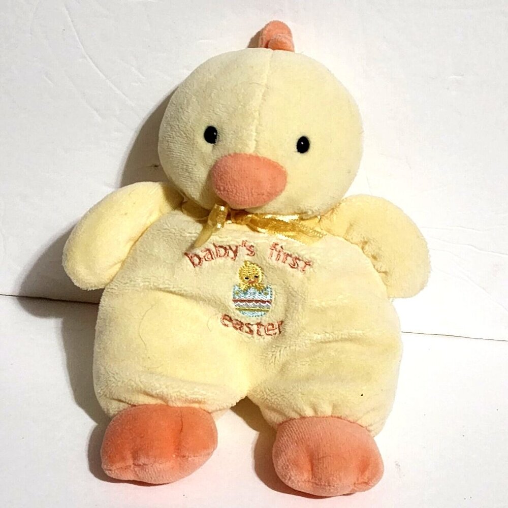 Carter's Yellow Duck Baby's First Easter Plush Rattle Baby Toy Lovey Bow 8"